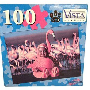 Baby Pink Flamingo Flock 100 Piece Jigsaw Puzzle Vista Leap Year USA Vintage NIB